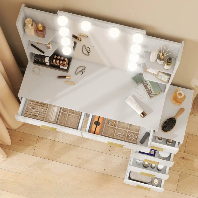 Nancy's Pontboset Kaptafel met Kruk - Make Up Tafel met Verlichting - Hollywood Spiegel - Wit - 120 x 40 x 140 cm - Afbeelding 6