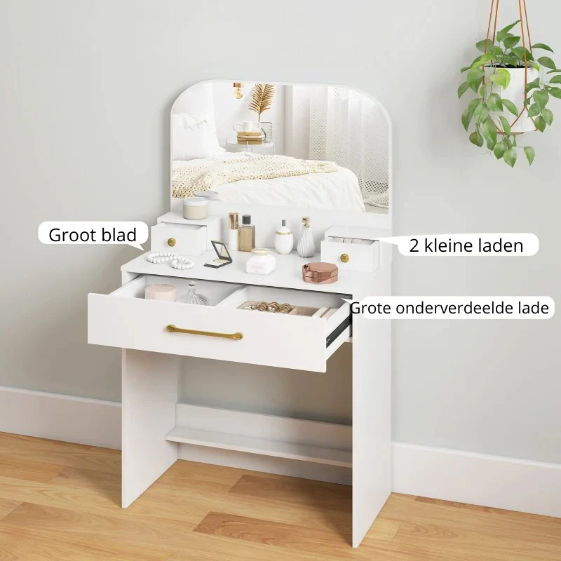 Nancy's Ponsacco Make Up Tafel - Kaptafel - Make-Up Tafel met Spiegel - Wit - 80 x 40 x 135 cm - Afbeelding 6
