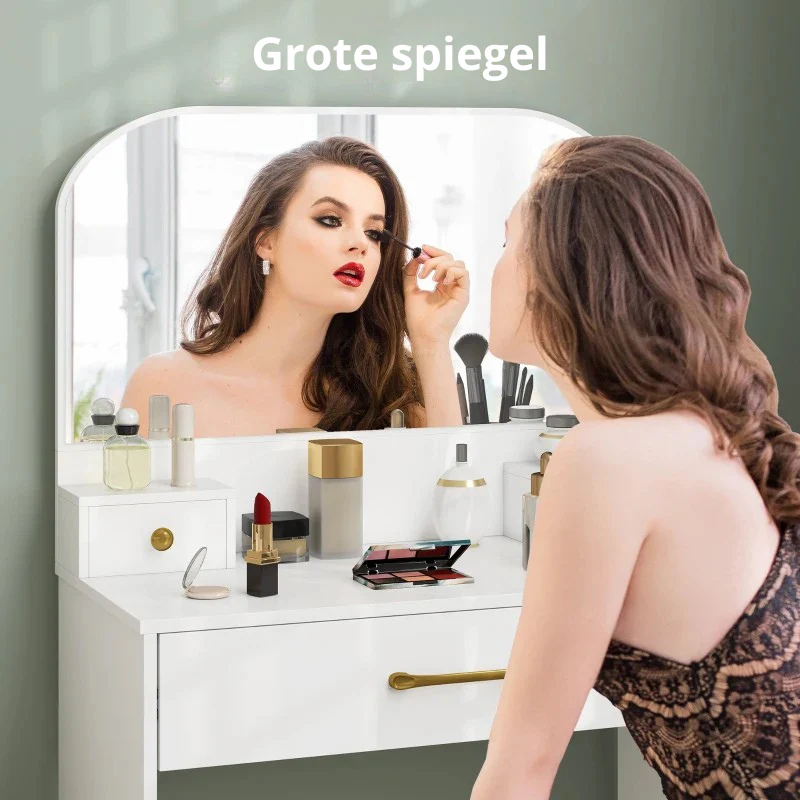 Nancy's Ponsacco Make Up Tafel - Kaptafel - Make-Up Tafel met Spiegel - Wit - 80 x 40 x 135 cm - Afbeelding 5
