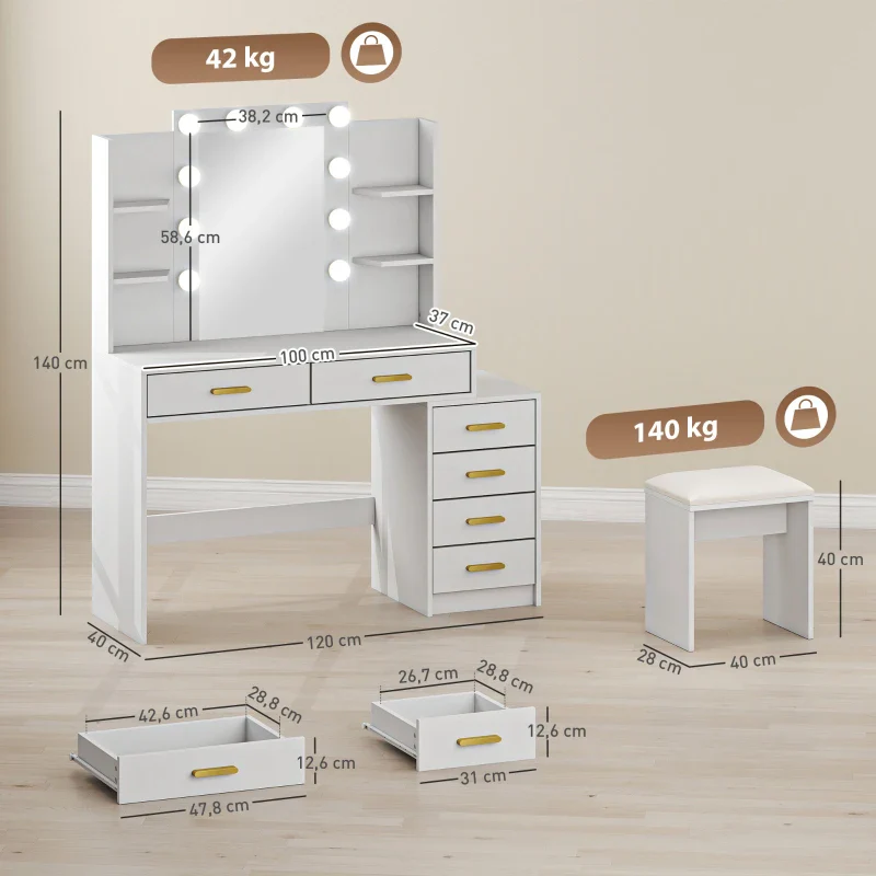 Nancy's Pontboset Kaptafel met Kruk - Make Up Tafel met Verlichting - Hollywood Spiegel - Wit - 120 x 40 x 140 cm - Afbeelding 4