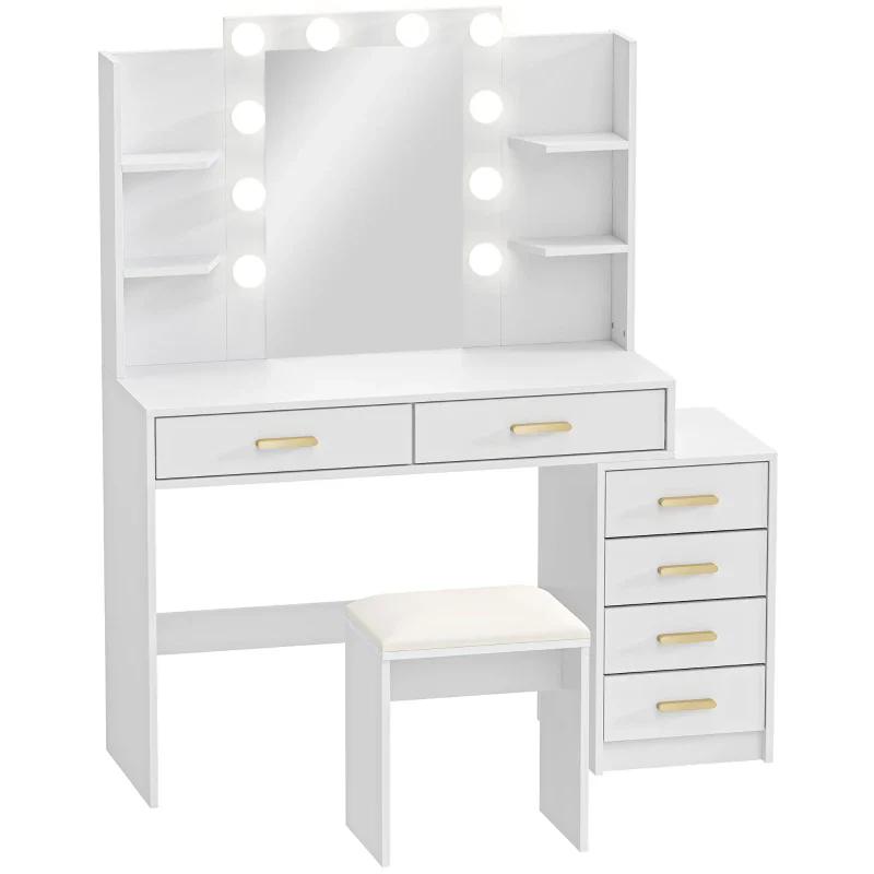 Nancy's Pontboset Kaptafel met Kruk - Make Up Tafel met Verlichting - Hollywood Spiegel - Wit - 120 x 40 x 140 cm