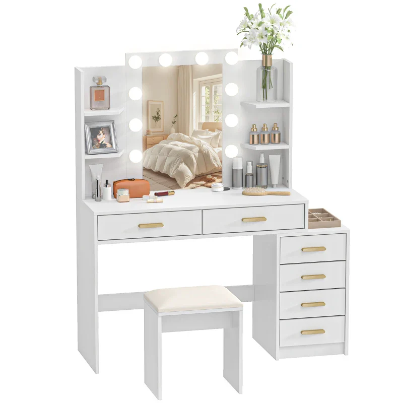 Nancy's Pontboset Kaptafel met Kruk - Make Up Tafel met Verlichting - Hollywood Spiegel - Wit - 120 x 40 x 140 cm - Afbeelding 9